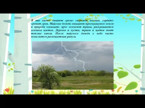 В мае часто бывают грозы: сверкает молния, сердито гремит гром. Майские