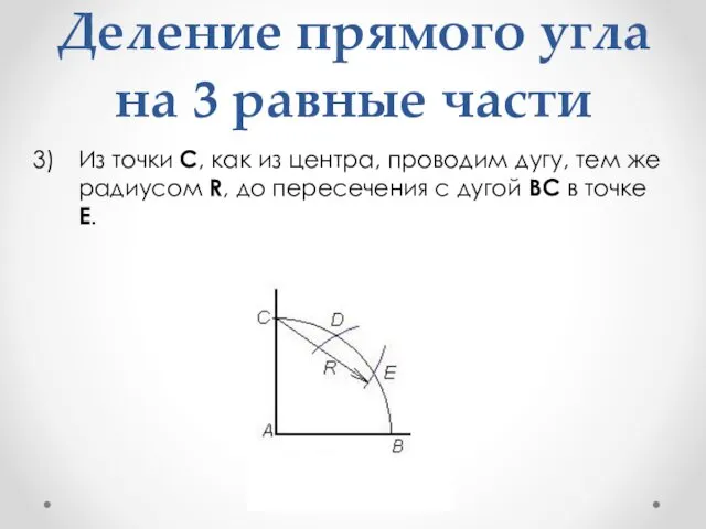 Деление прямого угла на 3 равные части Из точки C, как