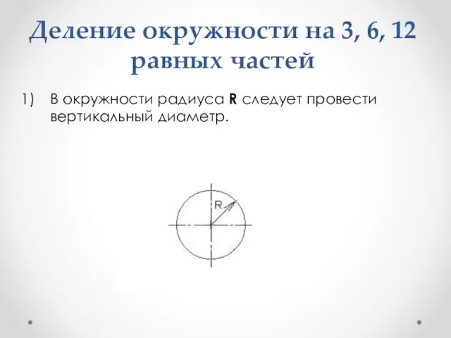 Деление окружности на 3, 6, 12 равных частей В окружности радиуса R следует провести вертикальный диаметр.