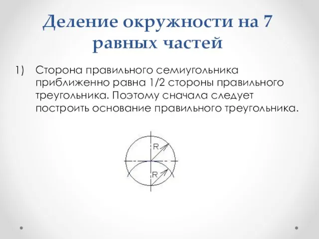 Деление окружности на 7 равных частей Сторона правильного семиугольника приближенно равна