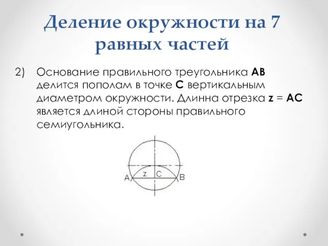 Деление окружности на 7 равных частей Основание правильного треугольника AB делится