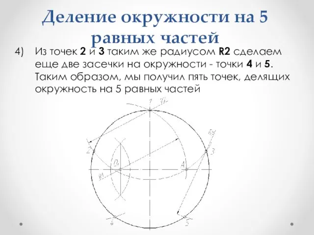 Деление окружности на 5 равных частей Из точек 2 и 3