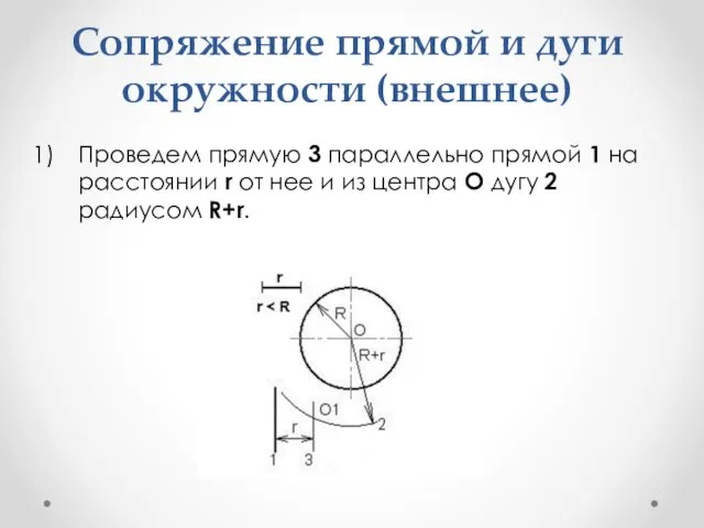 Сопряжение прямой и дуги окружности (внешнее) Проведем прямую 3 параллельно прямой