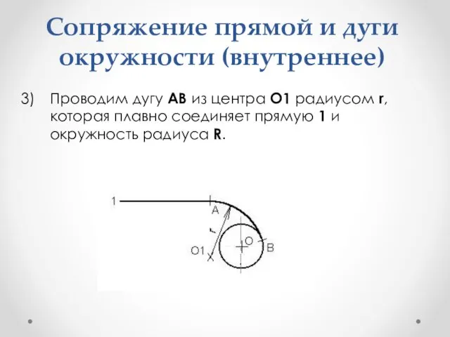 Сопряжение прямой и дуги окружности (внутреннее) Проводим дугу АВ из центра