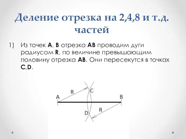 Деление отрезка на 2,4,8 и т.д. частей Из точек A, B