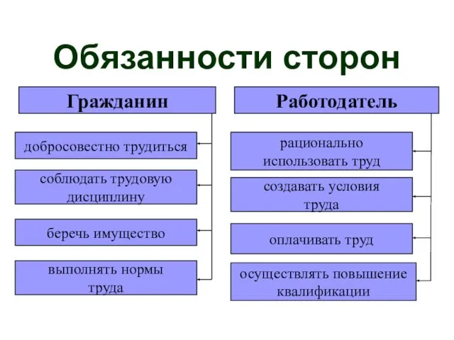 Обязанности сторон Гражданин добросовестно трудиться соблюдать трудовую дисциплину беречь имущество выполнять