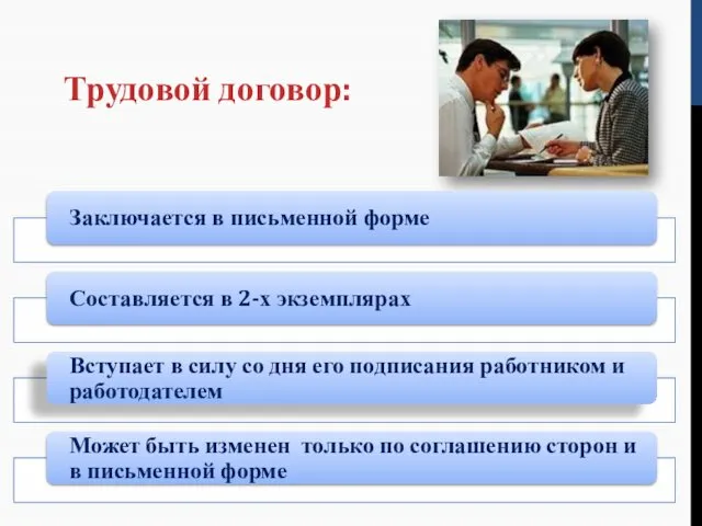 Трудовой договор: Заключается в письменной форме Составляется в 2-х экземплярах Вступает