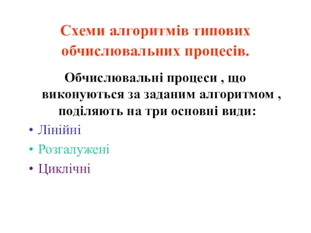 Схеми алгоритмів типових обчислювальних процесів. Обчислювальні процеси , що виконуються за