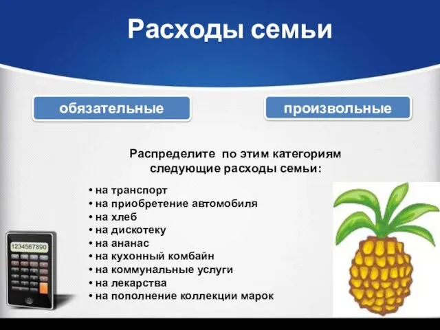 Расходы семьи обязательные произвольные Распределите по этим категориям следующие расходы семьи: