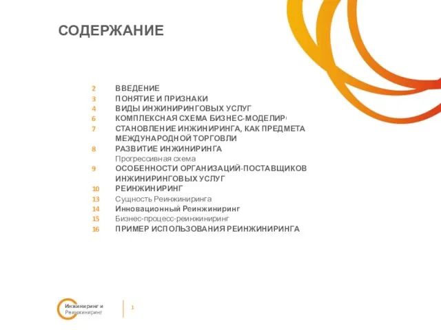 СОДЕРЖАНИЕ ВВЕДЕНИЕ ПОНЯТИЕ И ПРИЗНАКИ ВИДЫ ИНЖИНИРИНГОВЫХ УСЛУГ КОМПЛЕКСНАЯ СХЕМА БИЗНЕС-МОДЕЛИРОВАНИЯ