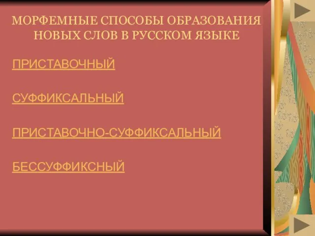 МОРФЕМНЫЕ СПОСОБЫ ОБРАЗОВАНИЯ НОВЫХ СЛОВ В РУССКОМ ЯЗЫКЕ ПРИСТАВОЧНЫЙ СУФФИКСАЛЬНЫЙ ПРИСТАВОЧНО-СУФФИКСАЛЬНЫЙ БЕССУФФИКСНЫЙ