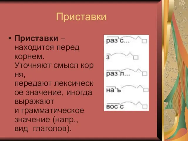 Приставки Приставки – находится перед корнем. Уточняют смысл корня,передают лексическое значение,