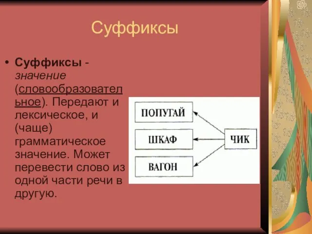 Суффиксы Суффиксы -значение (словообразовательное). Передают и лексическое, и (чаще) грамматическое значение.