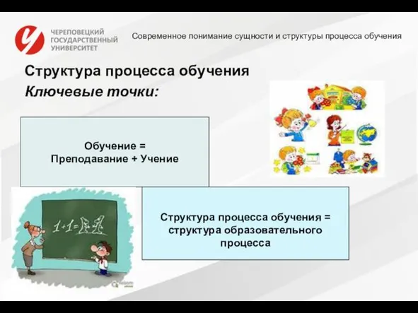 Современное понимание сущности и структуры процесса обучения Структура процесса обучения Ключевые