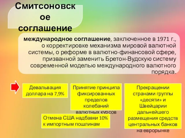 Смитсоновское соглашение международное соглашение, заключенное в 1971 г., о корректировке механизма