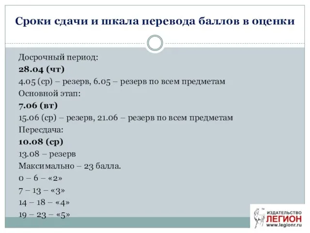 Сроки сдачи и шкала перевода баллов в оценки Досрочный период: 28.04