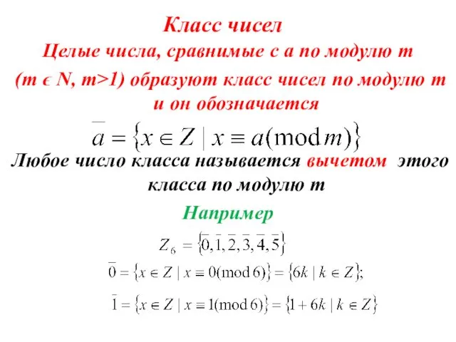 Класс чисел Целые числа, сравнимые с a по модулю m (m