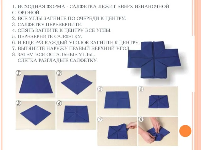 1. ИСХОДНАЯ ФОРМА - САЛФЕТКА ЛЕЖИТ ВВЕРХ ИЗНАНОЧНОЙ СТОРОНОЙ. 2. ВСЕ