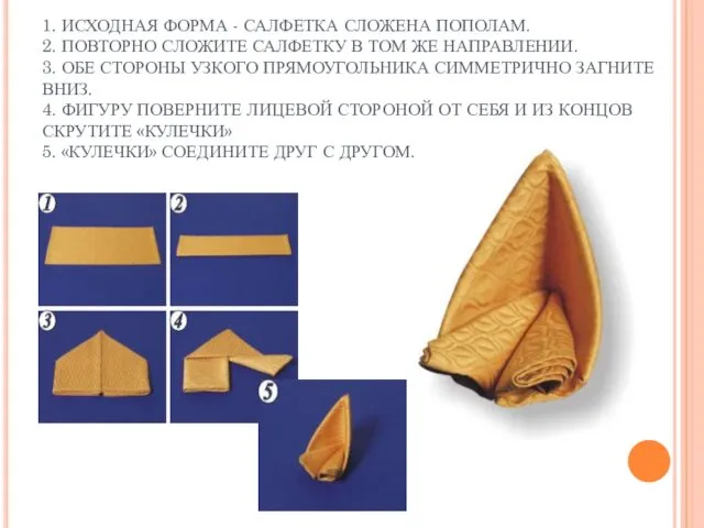 1. ИСХОДНАЯ ФОРМА - САЛФЕТКА СЛОЖЕНА ПОПОЛАМ. 2. ПОВТОРНО СЛОЖИТЕ САЛФЕТКУ