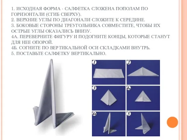 1. ИСХОДНАЯ ФОРМА - САЛФЕТКА СЛОЖЕНА ПОПОЛАМ ПО ГОРИЗОНТАЛИ (СГИБ СВЕРХУ).