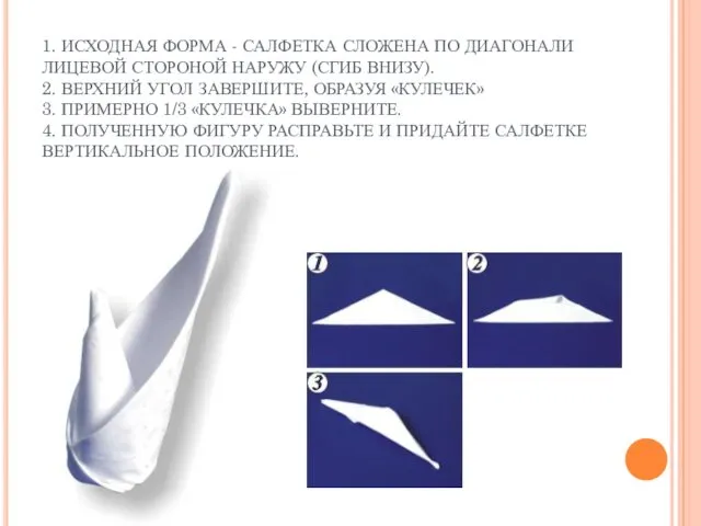 1. ИСХОДНАЯ ФОРМА - САЛФЕТКА СЛОЖЕНА ПО ДИАГОНАЛИ ЛИЦЕВОЙ СТОРОНОЙ НАРУЖУ