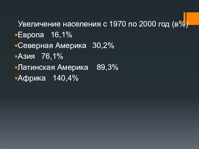 Увеличение населения с 1970 по 2000 год (в%) Европа 16,1% Северная