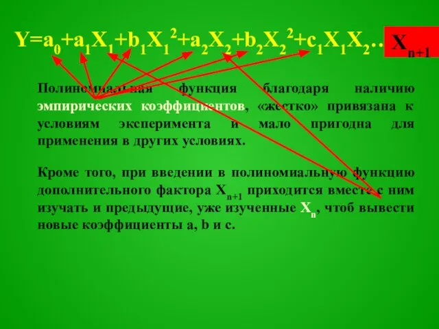 Y=a0+a1X1+b1X12+a2X2+b2X22+c1X1X2… Полиномиальная функция благодаря наличию эмпирических коэффициентов, «жестко» привязана к условиям