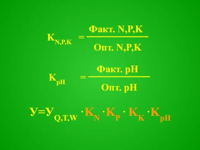 Опт. N,P,K Факт. N,P,K Опт. рН Факт. рН У=УQ,T,W ·KN ·KP · KK ·KpH