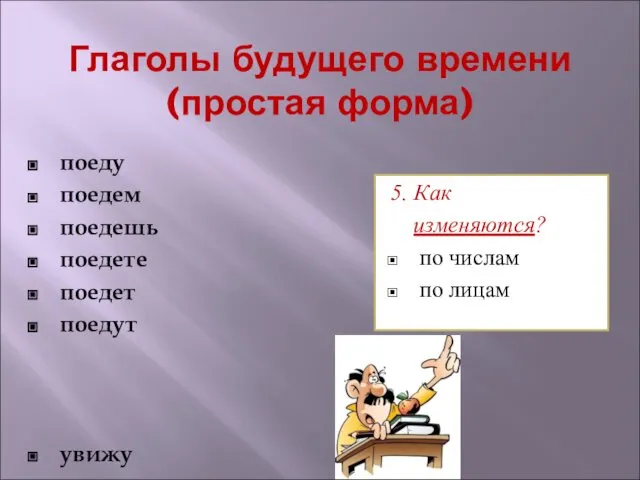 Глаголы будущего времени (простая форма) поеду поедем поедешь поедете поедет поедут