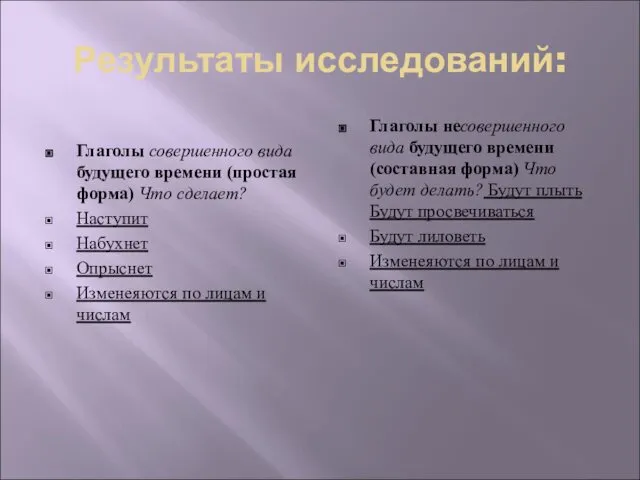 Результаты исследований: Глаголы совершенного вида будущего времени (простая форма) Что сделает?