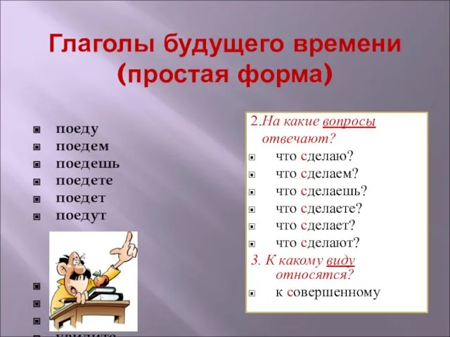 Глаголы будущего времени (простая форма) поеду поедем поедешь поедете поедет поедут