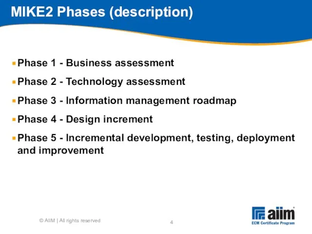 MIKE2 Phases (description) Phase 1 - Business assessment Phase 2 -