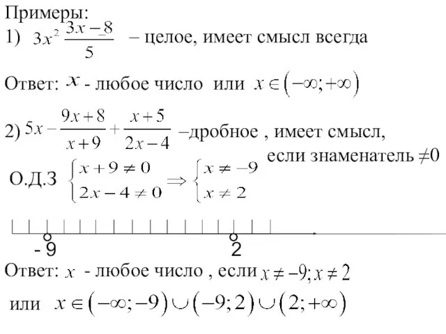 Примеры: 1) – целое, имеет смысл всегда Ответ: - любое число