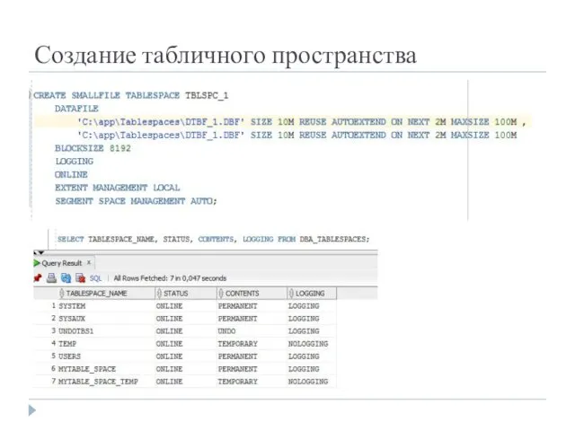 Создание табличного пространства