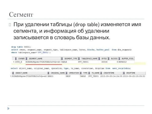 Сегмент При удалении таблицы (drop table) изменяется имя сегмента, и информация