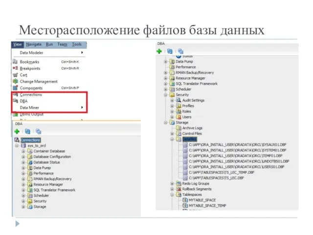 Месторасположение файлов базы данных