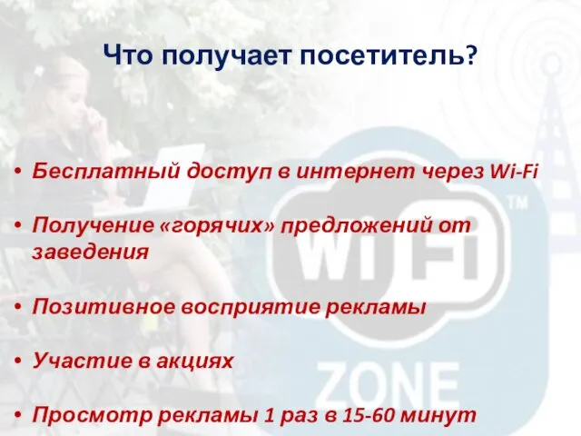 Что получает посетитель? Бесплатный доступ в интернет через Wi-Fi Получение «горячих»