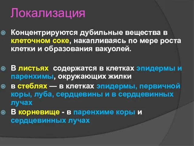 Локализация Концентрируются дубильные вещества в клеточном соке, накапливаясь по мере роста