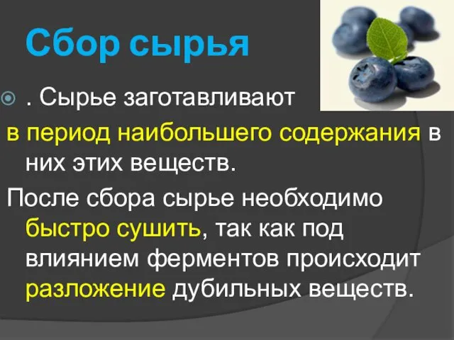 Сбор сырья . Сырье заготавливают в период наибольшего содержания в них