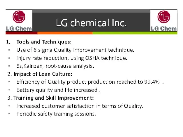 LG chemical Inc. Tools and Techniques: Use of 6 sigma Quality