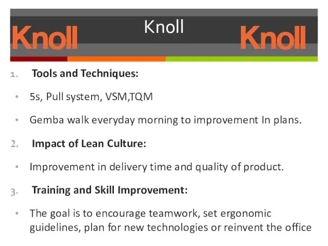 Knoll Tools and Techniques: 5s, Pull system, VSM,TQM Gemba walk everyday