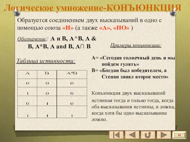 Логическое умножение-КОНЪЮНКЦИЯ Образуется соединением двух высказываний в одно с помощью союза