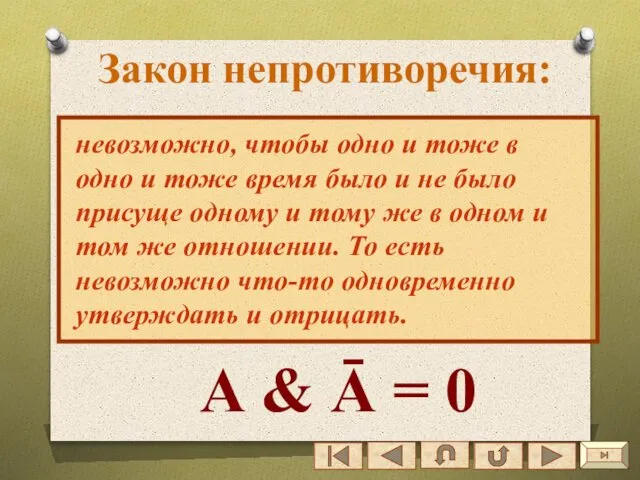 Закон непротиворечия: невозможно, чтобы одно и тоже в одно и тоже