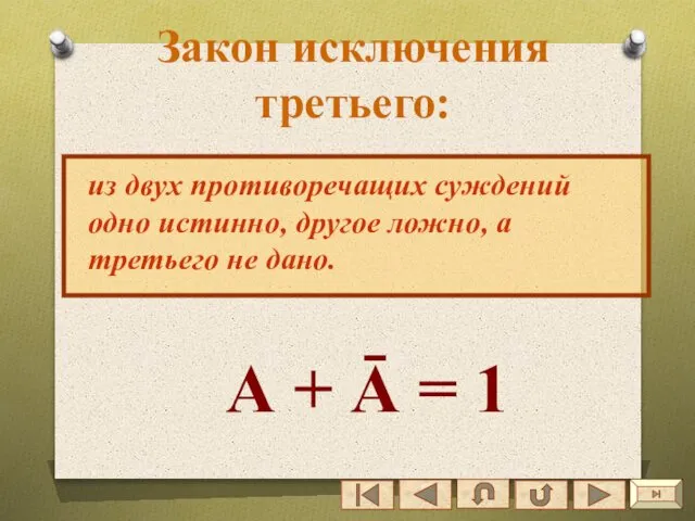 Закон исключения третьего: из двух противоречащих суждений одно истинно, другое ложно,