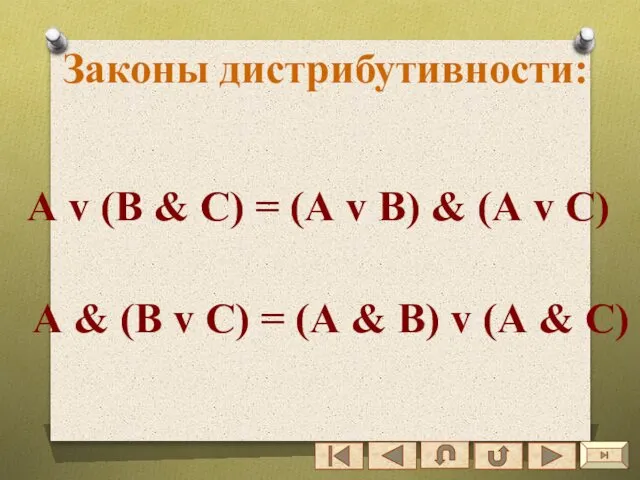 Законы дистрибутивности: А v (В & C) = (А v В)