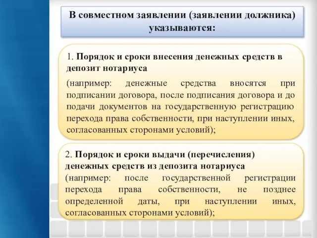 В совместном заявлении (заявлении должника) указываются: 1. Порядок и сроки внесения