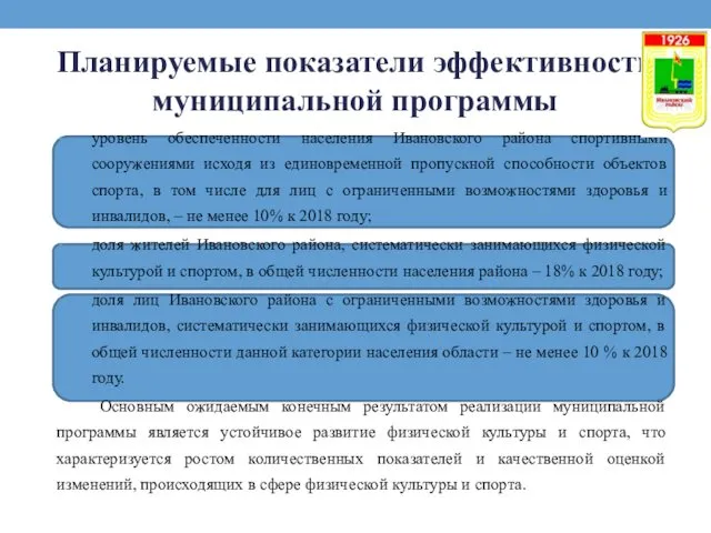 Планируемые показатели эффективности муниципальной программы уровень обеспеченности населения Ивановского района спортивными