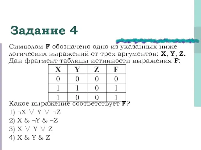 Задание 4 Символом F обозначено одно из указанных ниже логических выражений