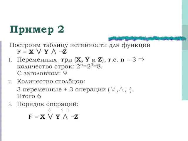 Пример 2 Построим таблицу истинности для функции F = X ∨