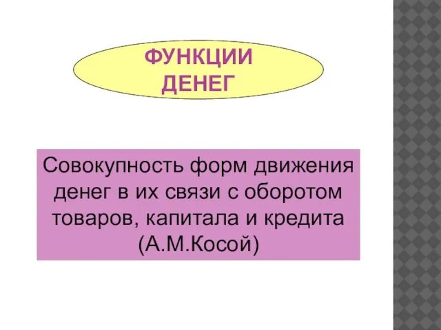 ФУНКЦИИ ДЕНЕГ Совокупность форм движения денег в их связи с оборотом товаров, капитала и кредита (А.М.Косой)